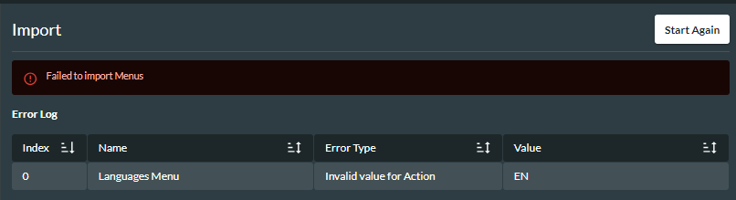 Example of unsuccessful import