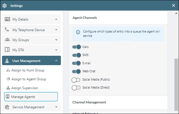 Agent channel configuration options